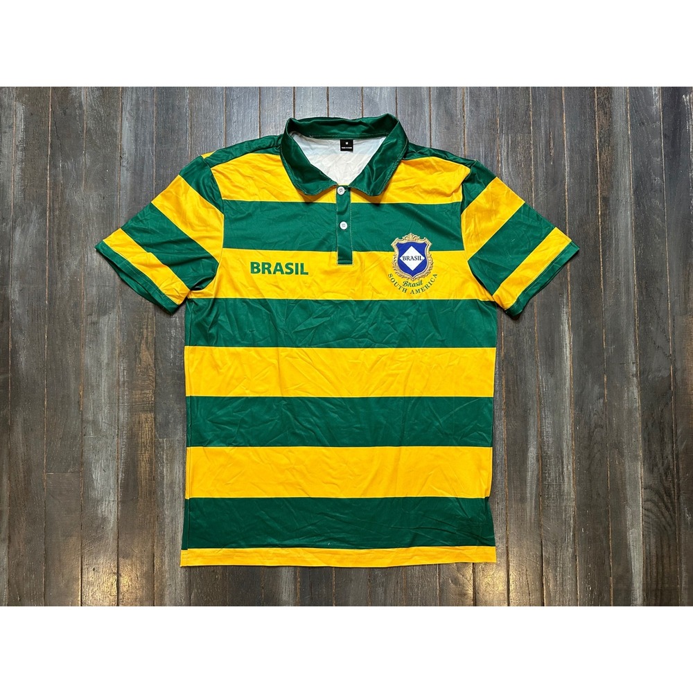 SHEIN Brasil Soccer Polo Shirt Mens Medium Yellow Green Striped Short Sleeve